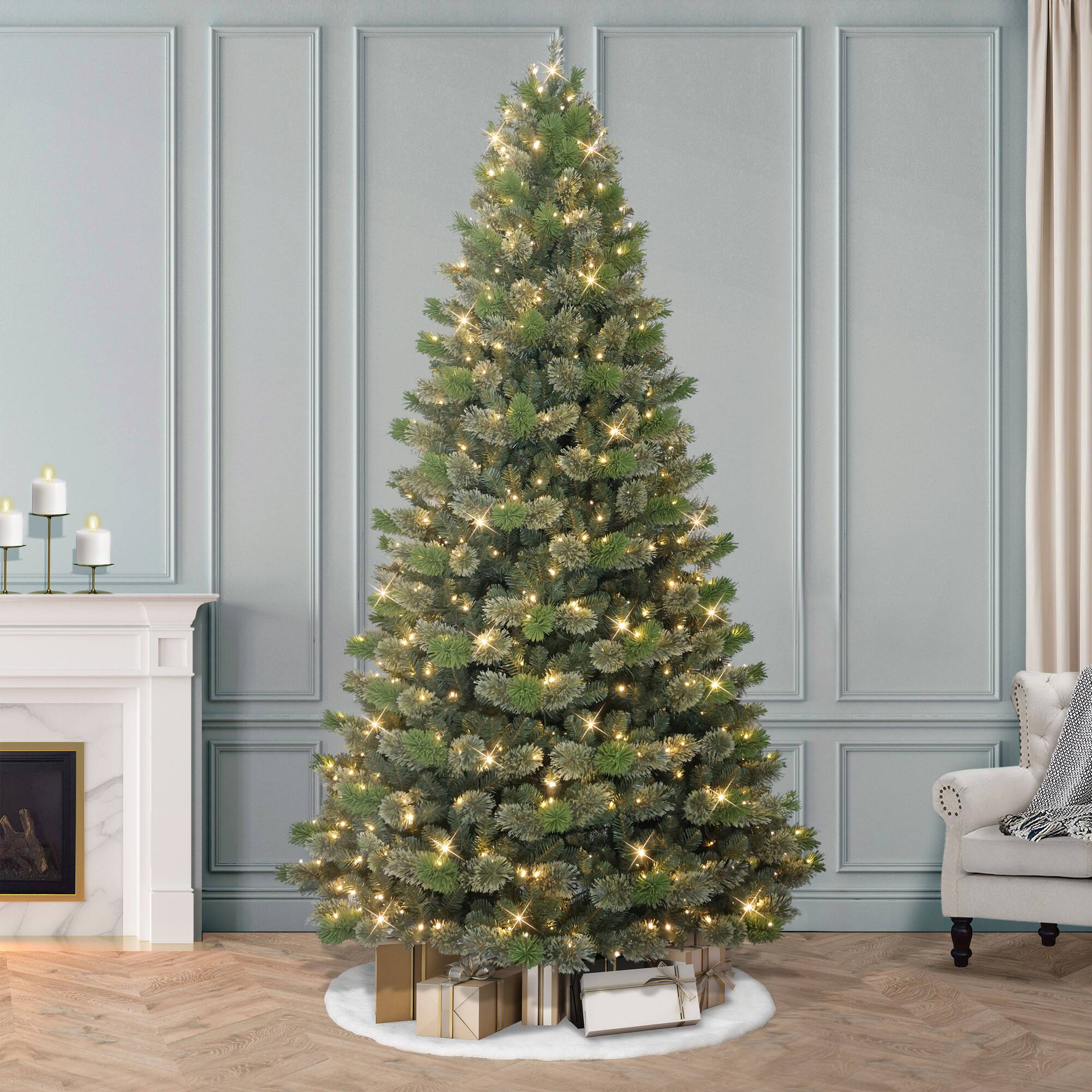 9ft. Pre-Lit Artificial Oklahoma Pine Tree, Warm White LED Lights